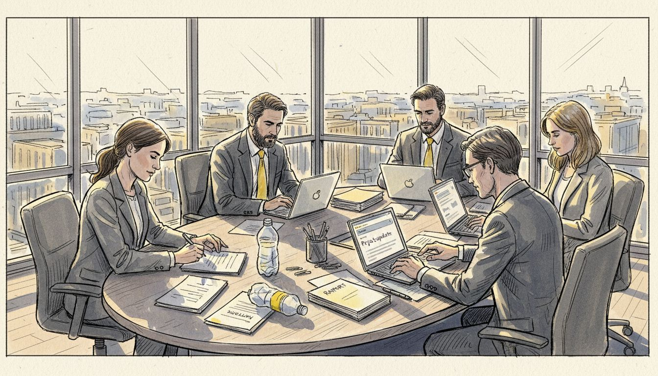 Een team van collega's bekijkt samen vertrouwelijke vertalingen op kantoor.