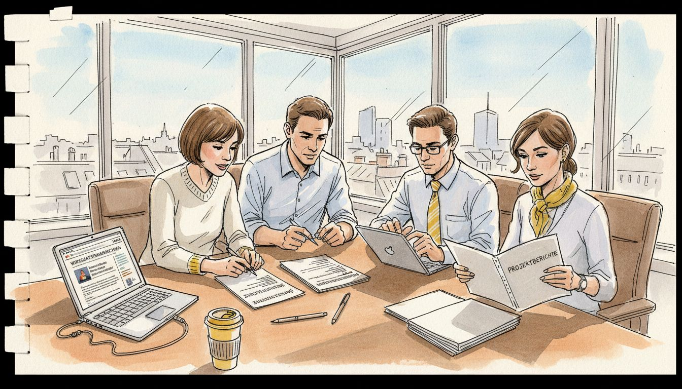 Ein Team aus Mitarbeitern prüft gemeinsam Übersetzungsunterlagen im Büro.