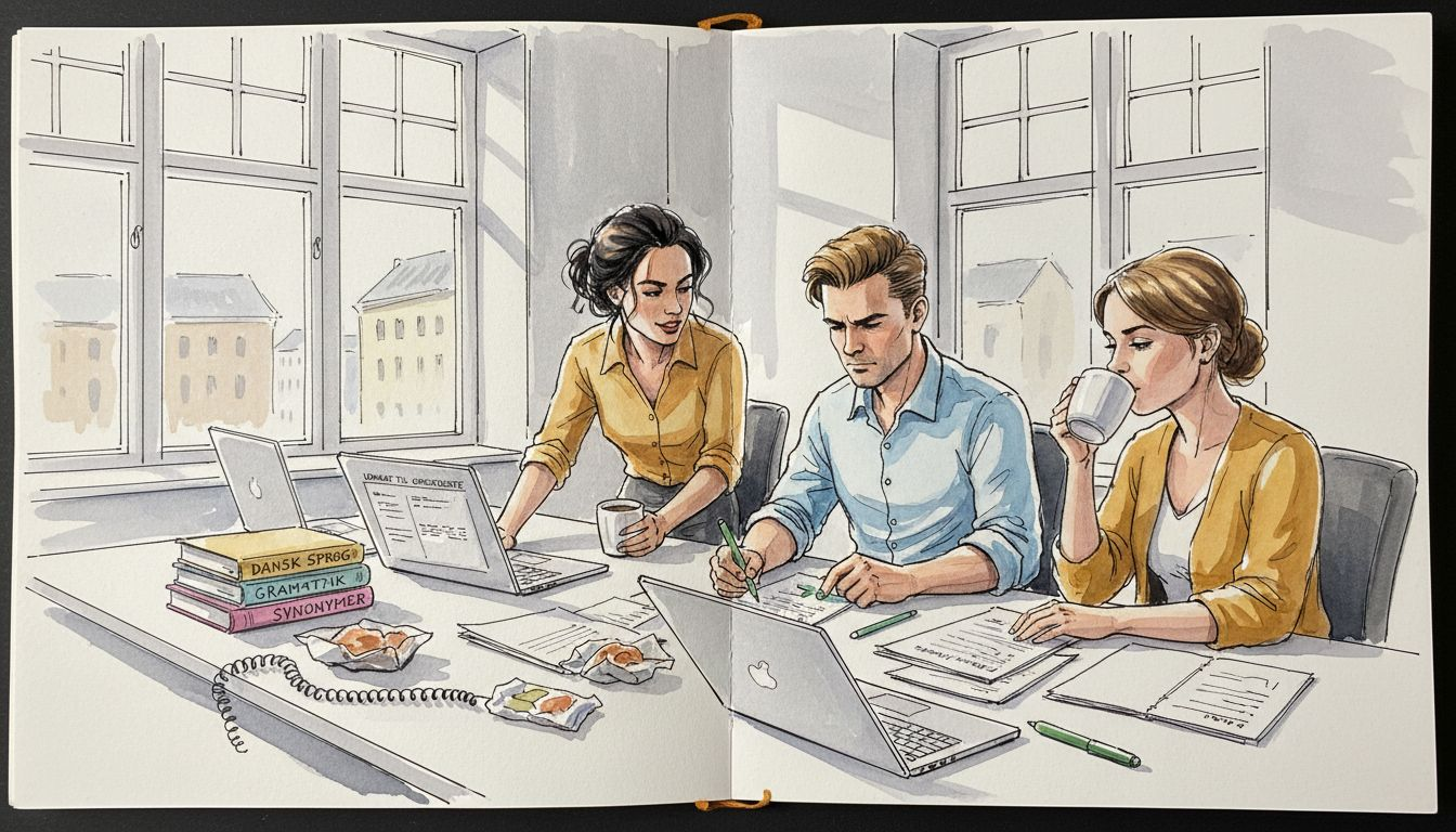 Et oversætterteam arbejder tæt sammen i et lyst og indbydende kontormiljø.