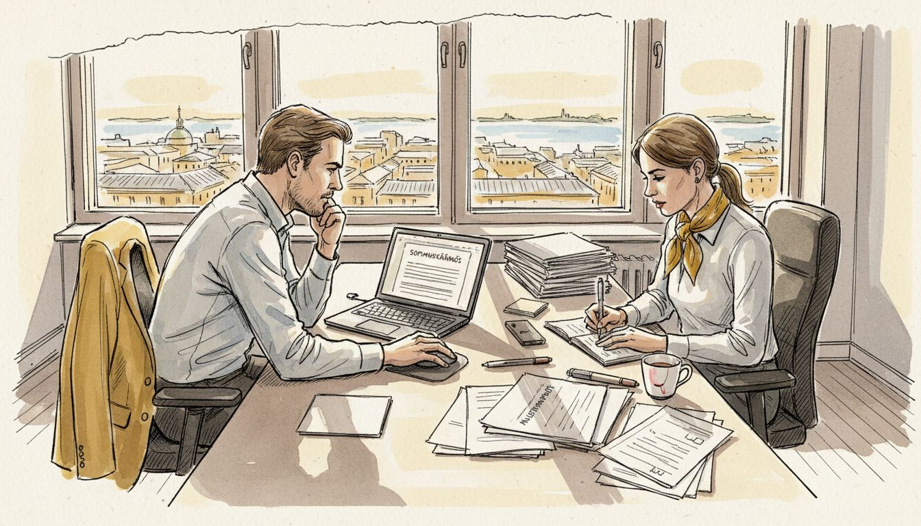 Käännösalan ammattilaiset palaveroivat toimistolla