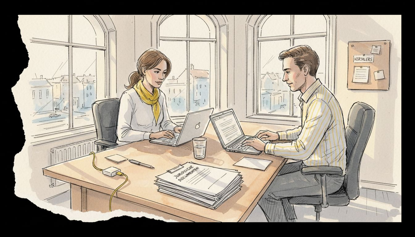 Een team zit in een hoek van het compliance-kantoor de vertalingen zorgvuldig te beoordelen.