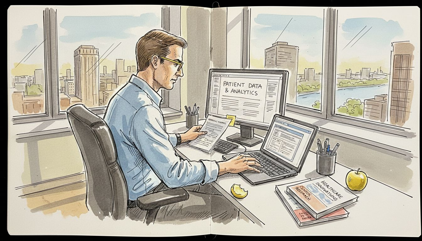 Manager using AI medical translation tools in office