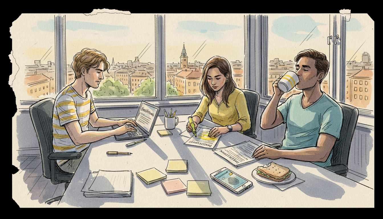 Ett arbetslag sitter tillsammans på kontoret och samarbetar för att ta fram översättningar.