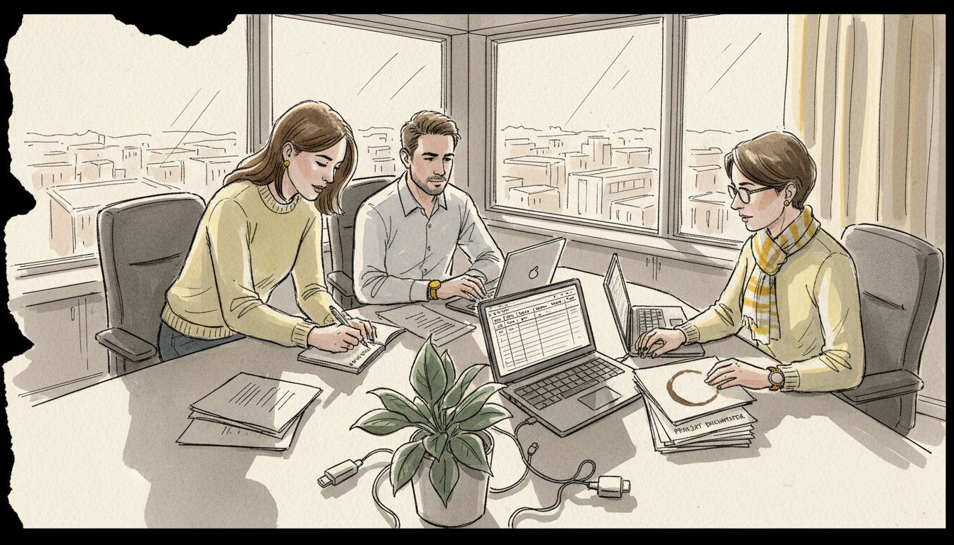 Et team av oversettere sitter samlet på kontoret og jobber sammen for å løse oppgaver for bedriften.