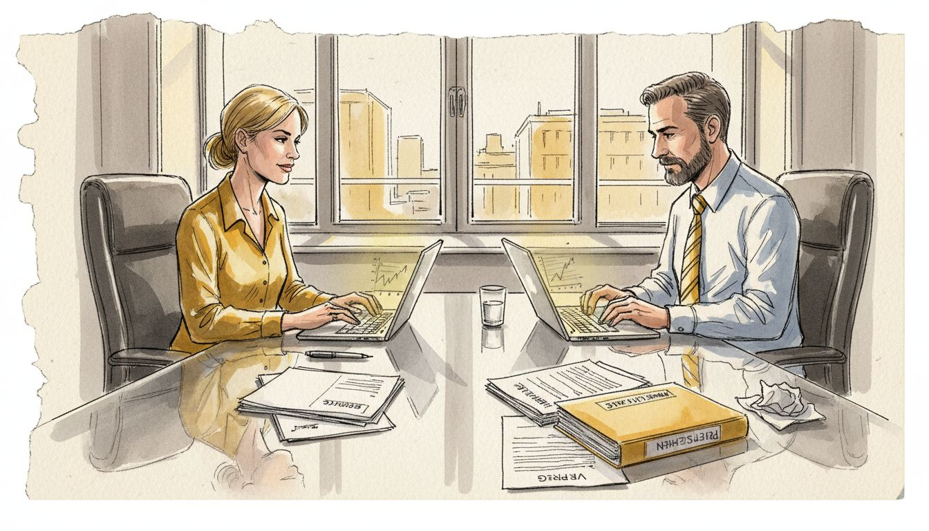 Zwei Fachkräfte beschäftigen sich mit der Übersetzung von Compliance-Dokumenten.