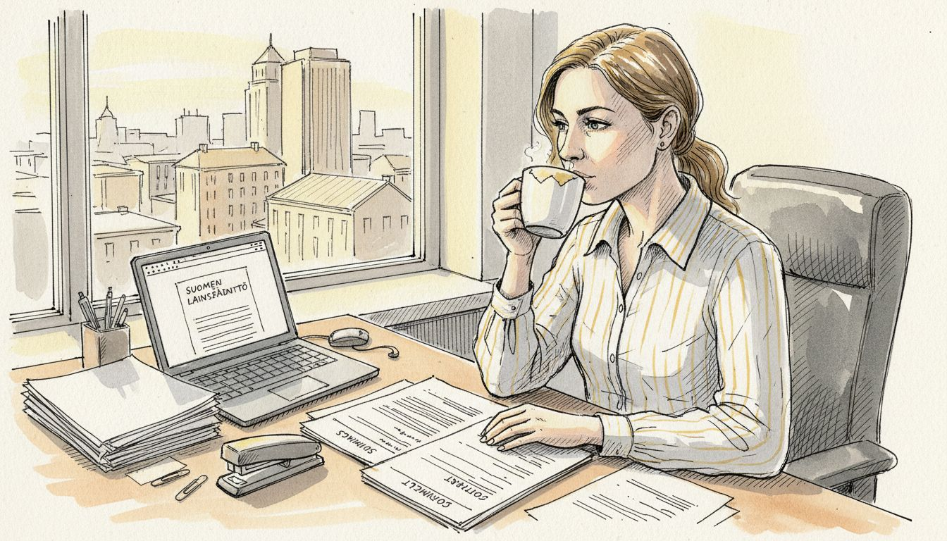 Kulmahuoneen kääntäjä käy läpi asiakirjoja.