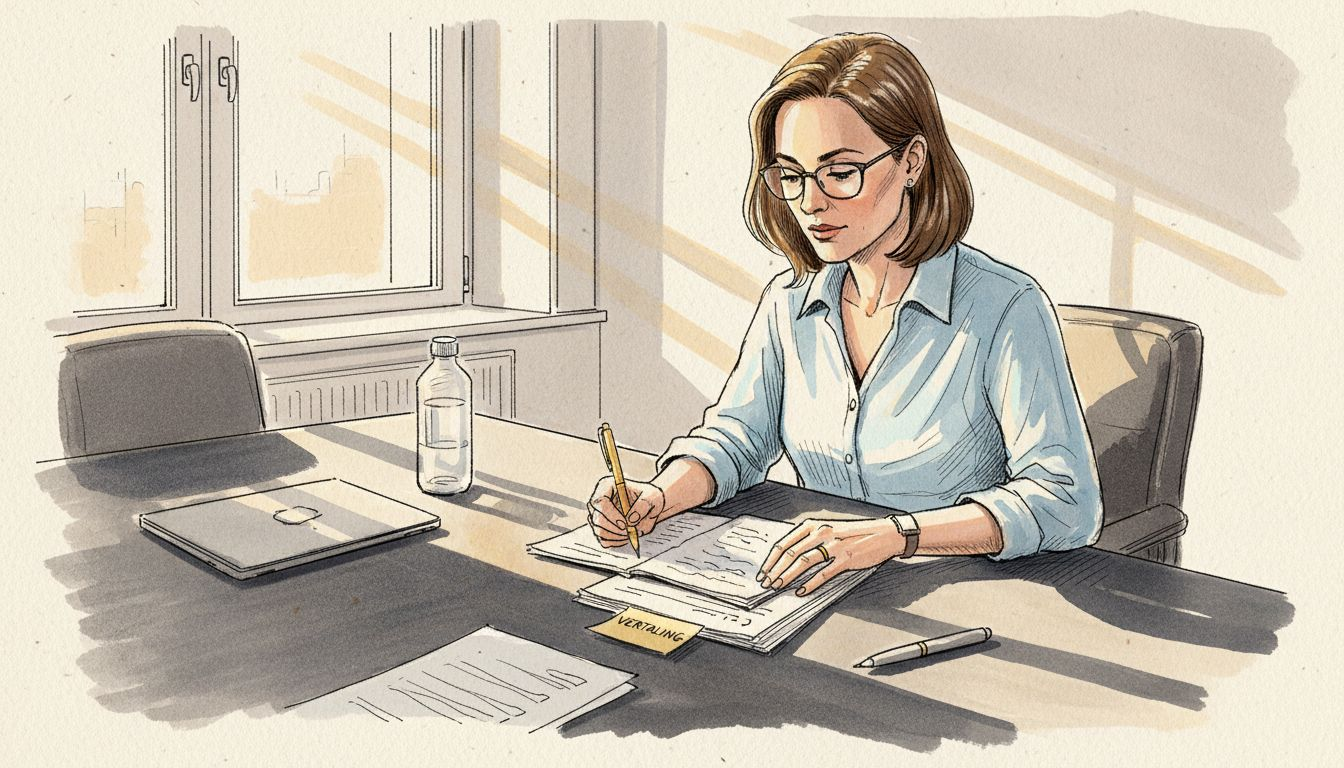 Een professional bespreekt vertaalde documenten samen met collega’s op kantoor.