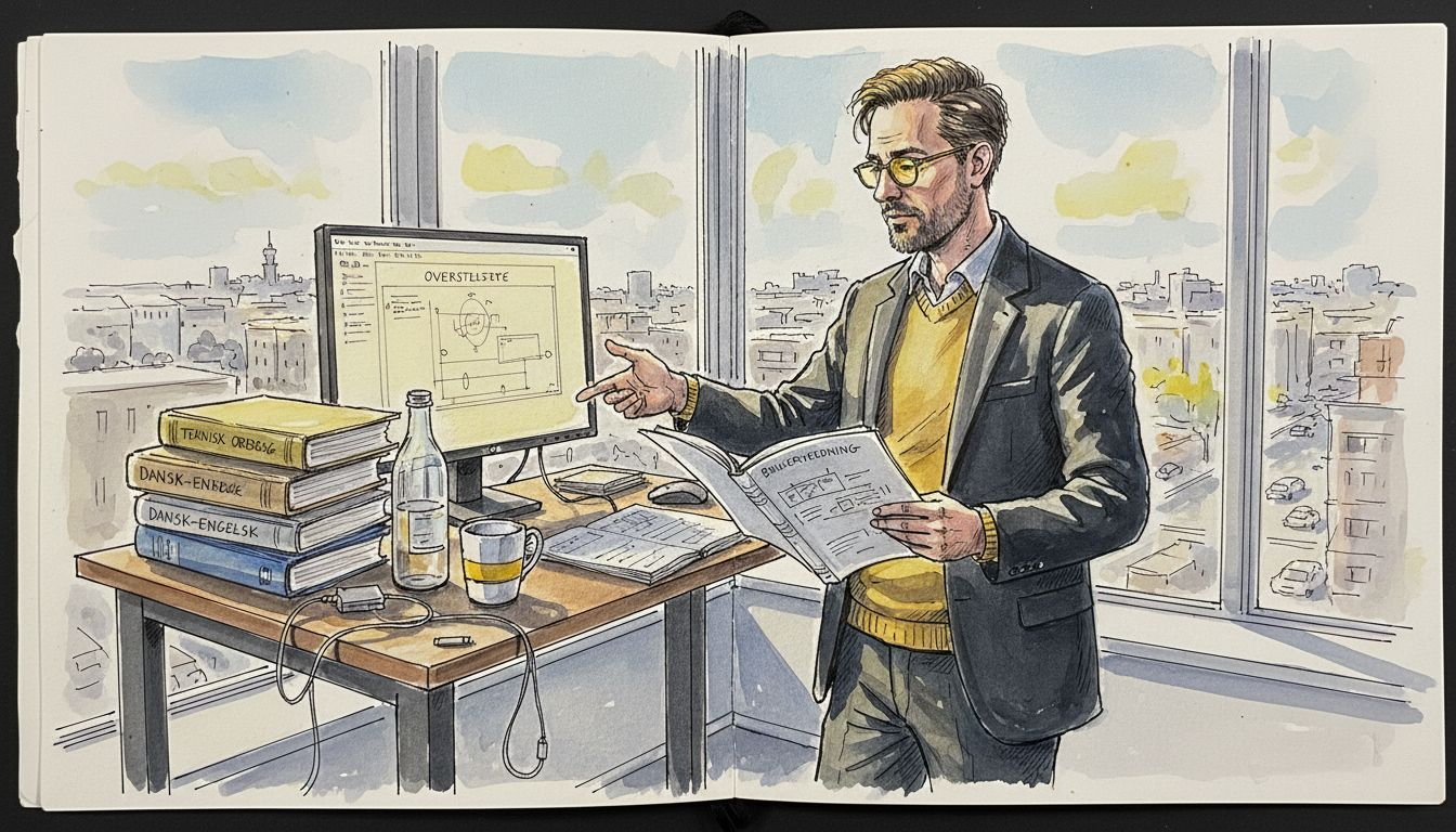 En oversætter sidder koncentreret ved sit skrivebord og gennemgår tekniske dokumenter.