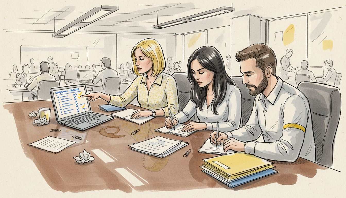 Et team sidder samlet omkring bordet og gennemgår listen over compliance-krav.