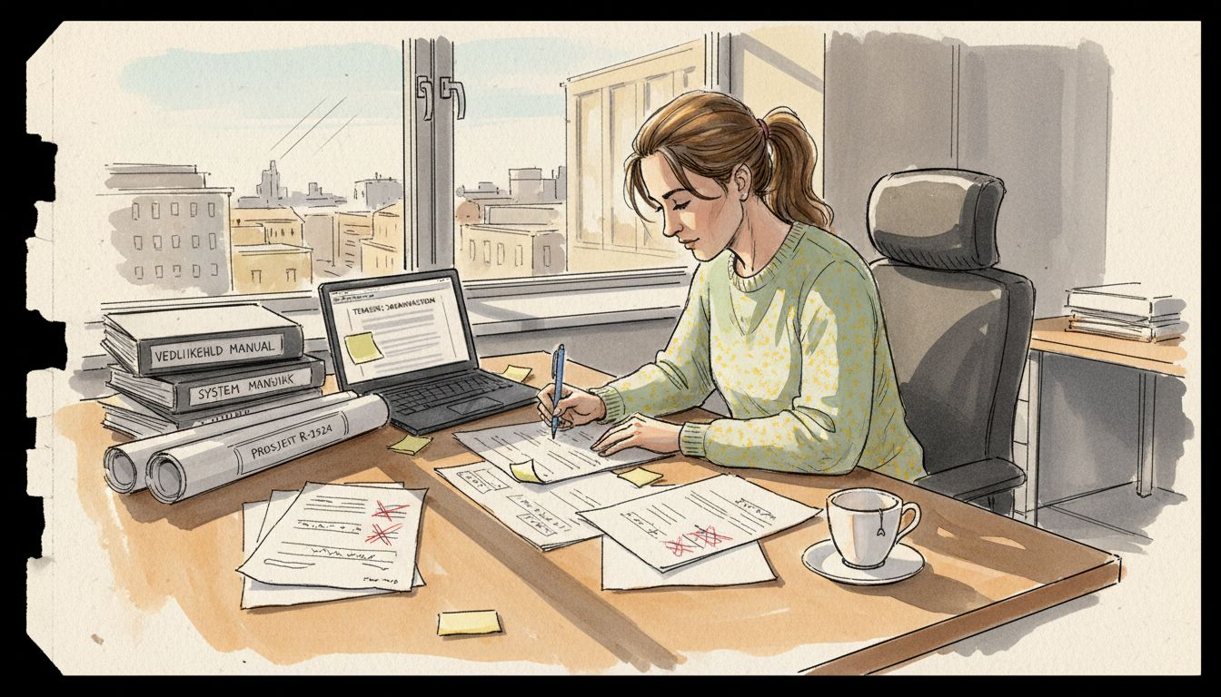 En teknisk skribent sitter i et lyst kontor og går nøye gjennom dokumentene for å sikre at alt er korrekt og tydelig.