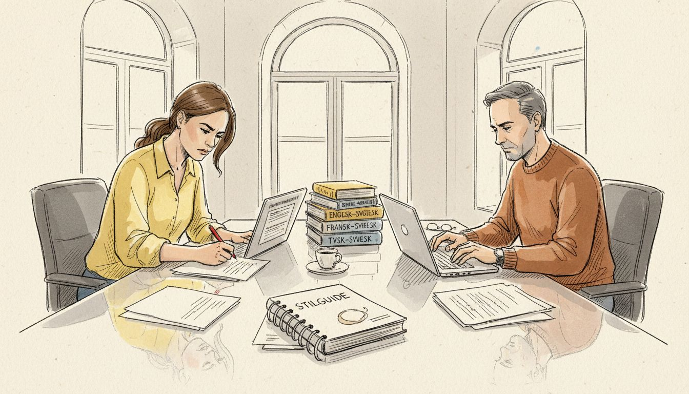 Översättare som arbetar tillsammans och drar nytta av både digitala verktyg och traditionella hjälpmedel som papper och penna.