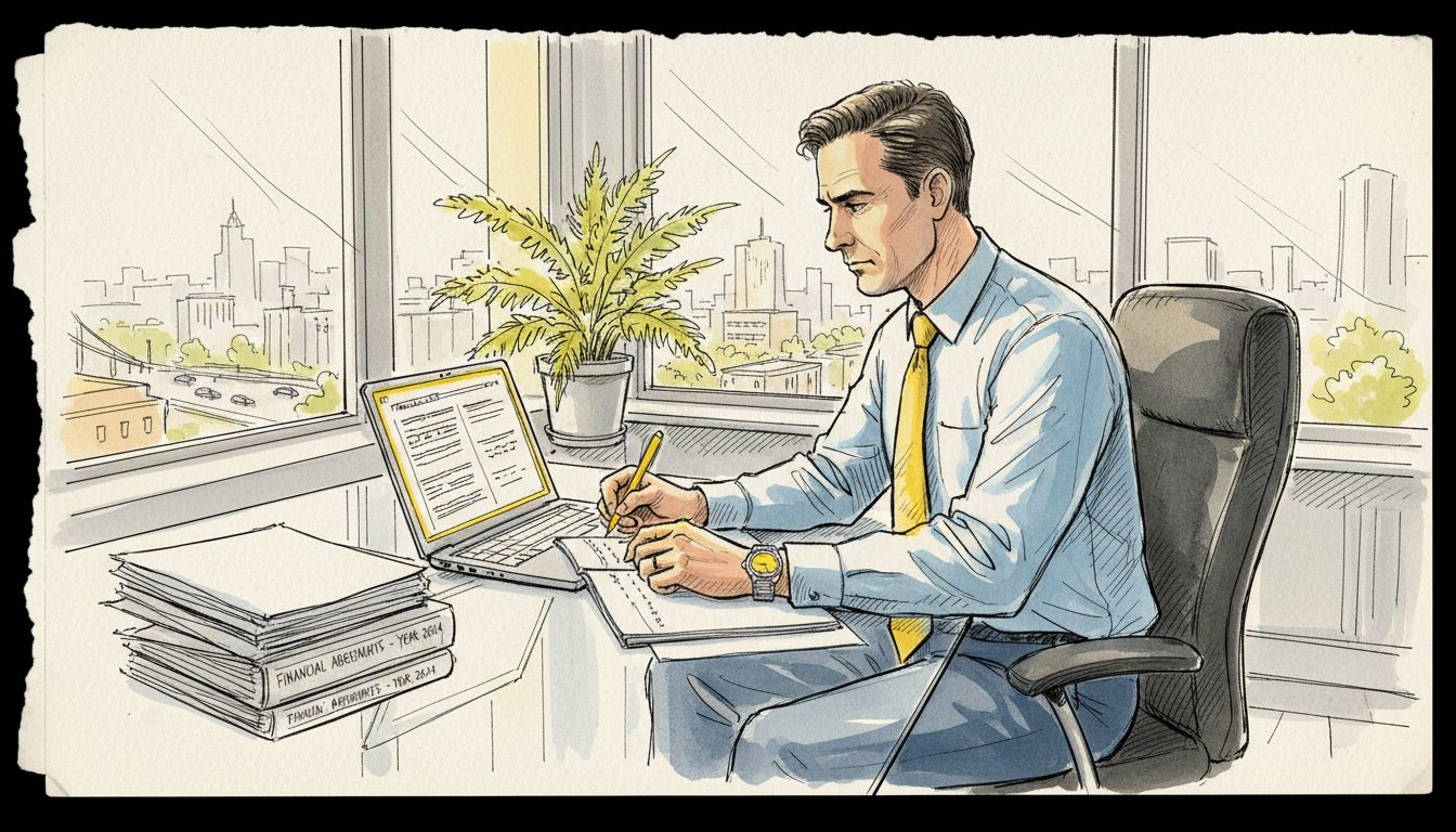 Translator working on banking document in bright office