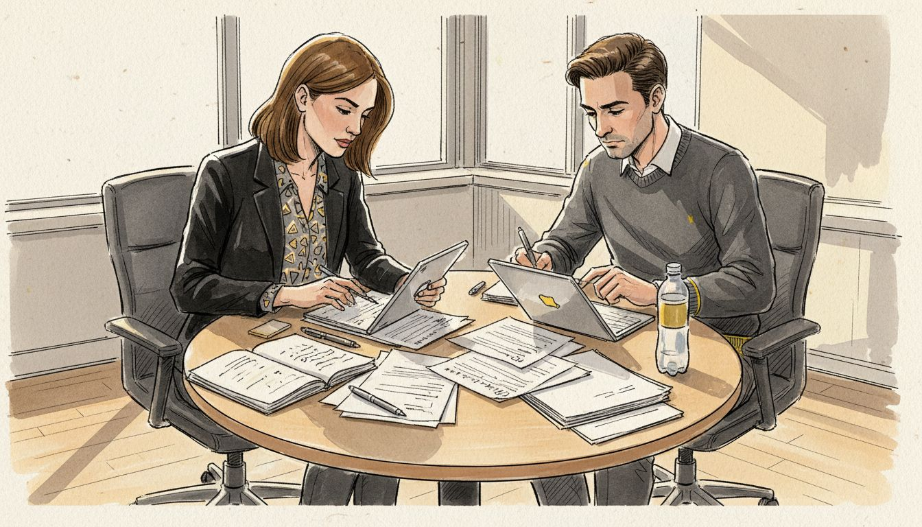 Compliance officers verifying financial documents in meeting