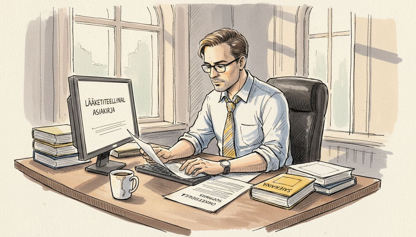 Kokenut kääntäjä työskentelee pöytänsä ääressä oikeudellisten ja lääketieteellisten asiakirjojen parissa.