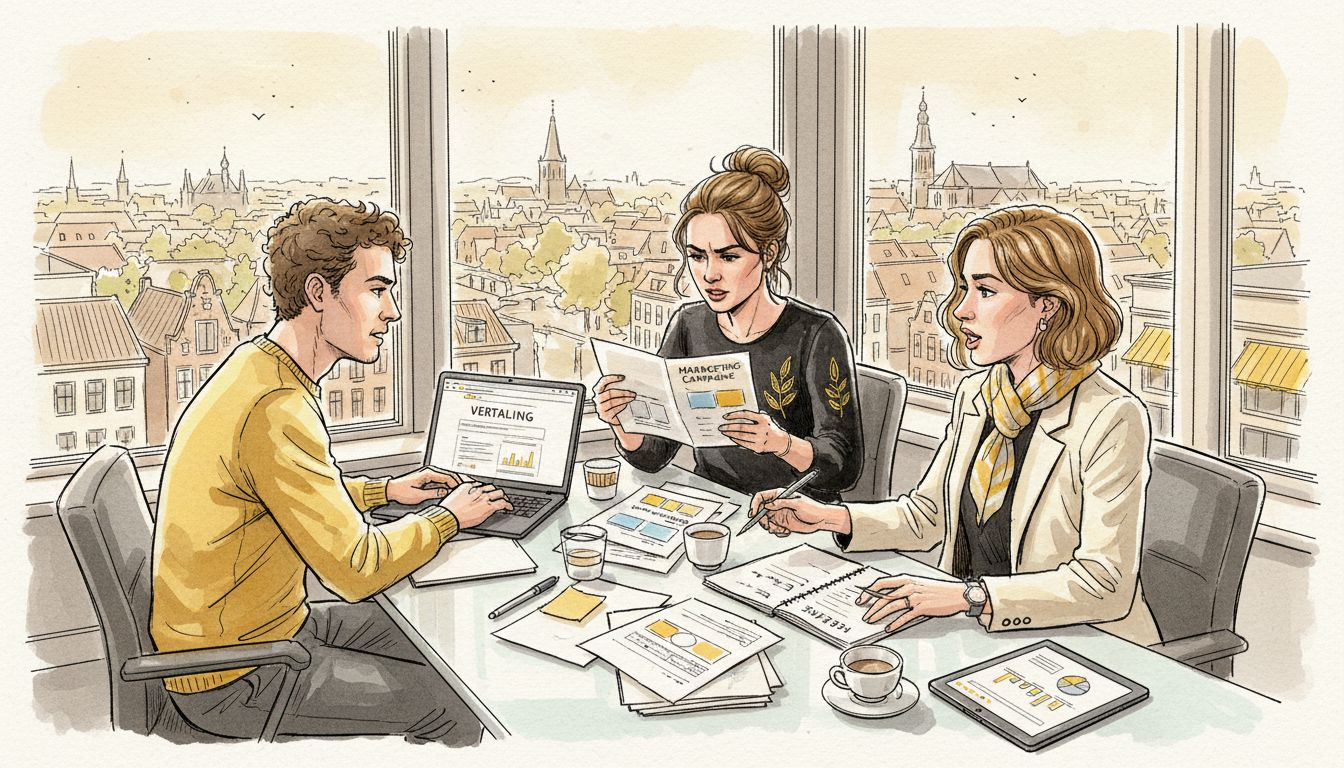 Op kantoor werkt het marketingteam samen en maakt slim gebruik van AI-vertalingen om hun internationale communicatie te verbeteren.