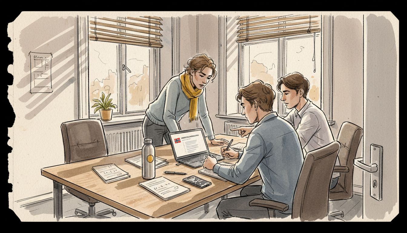 Hele teamet samles på kontoret for å gå gjennom oversettelsesprogramvaren sammen.