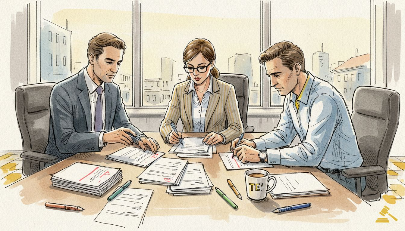 Ett team går igenom juridiska handlingar tillsammans på kontoret.