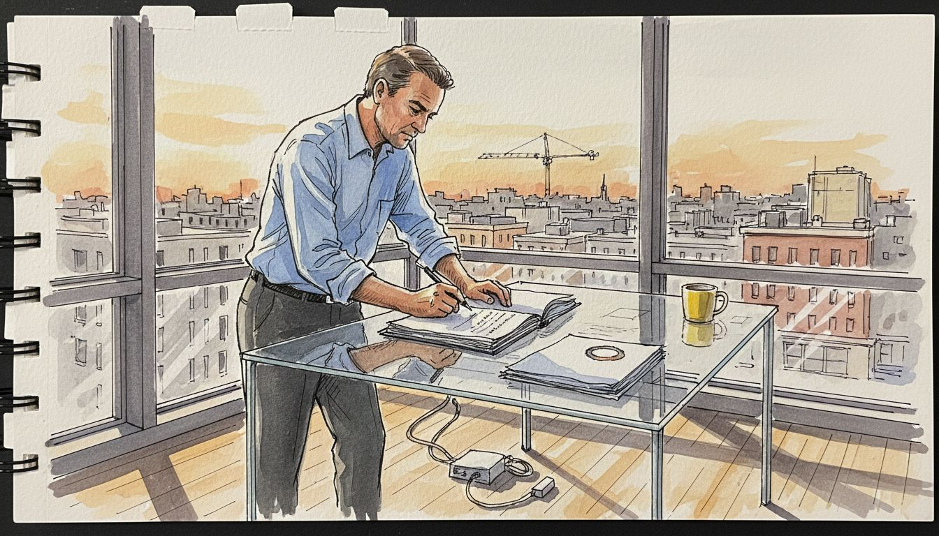 Manager reviewing translation contract in office