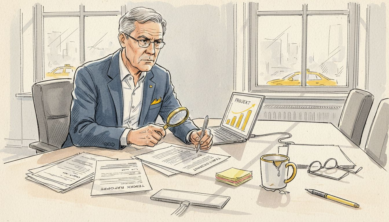 En leder sidder ved sit skrivebord og gennemgår tekniske dokumenter.