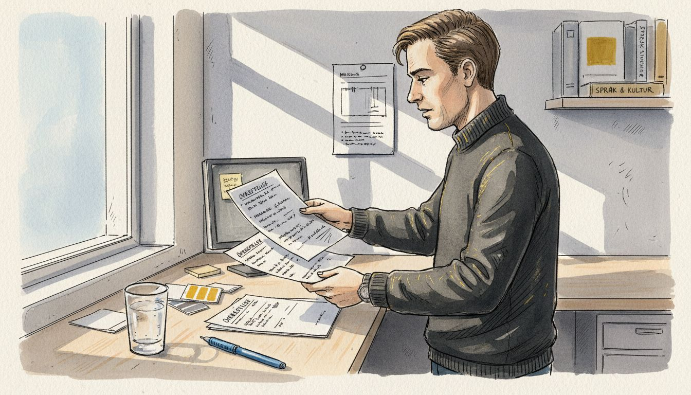 En mannlig medarbeider ser nøye gjennom to utskrifter ved skrivebordet sitt.