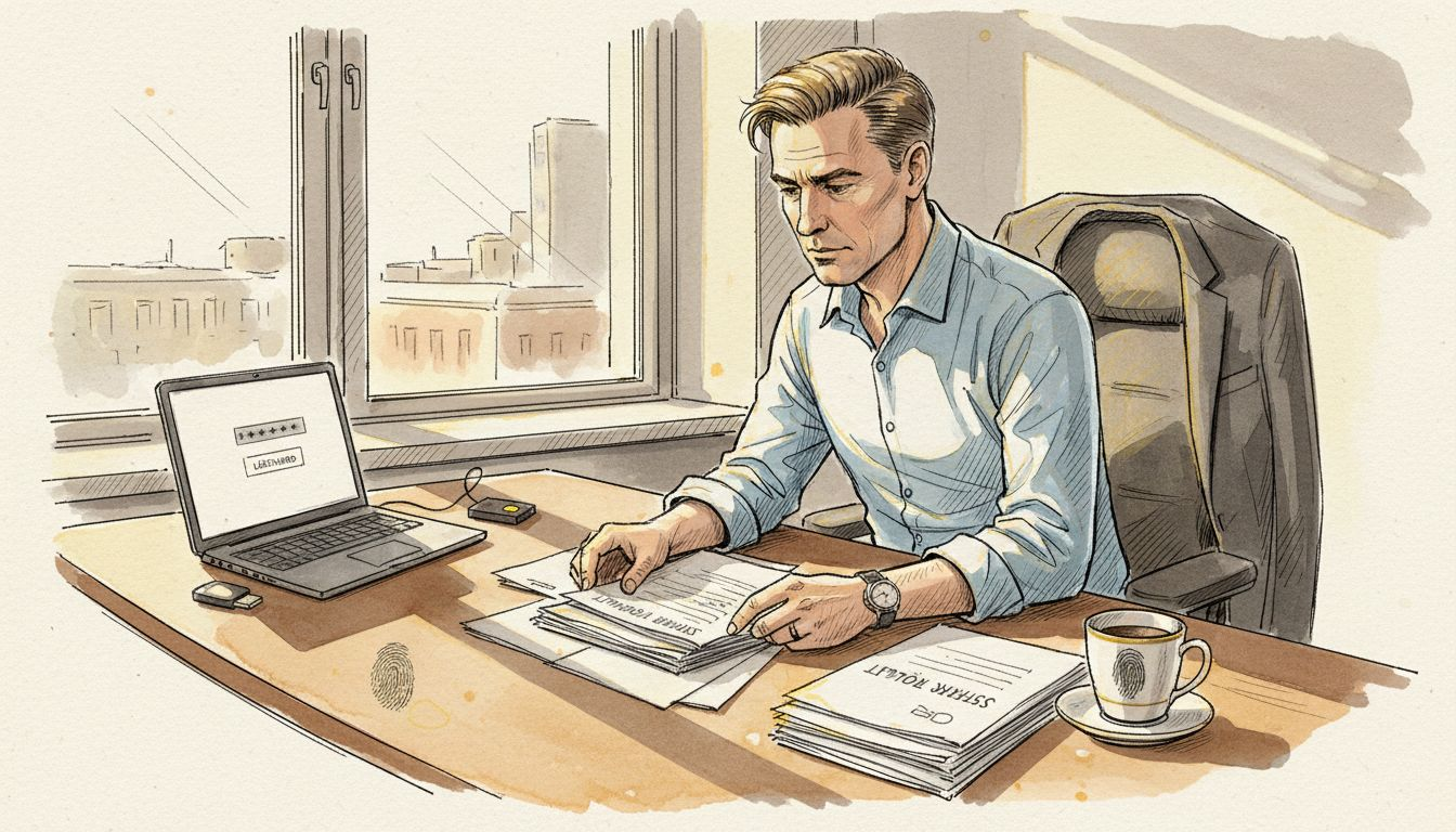 Chef går noggrant igenom känsliga dokument på sitt säkra kontor.