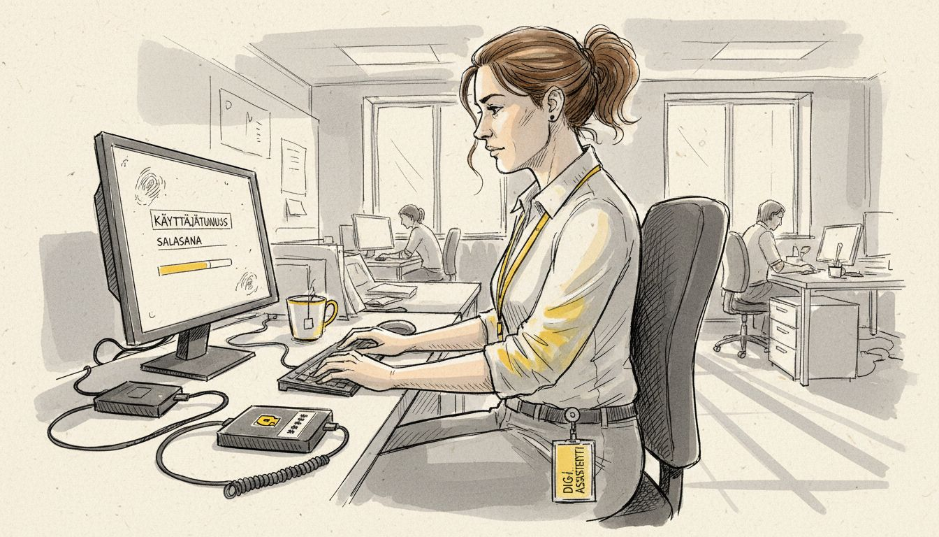 Työntekijä kirjautuu turvalliseen työtilaan käännöstyötä varten.