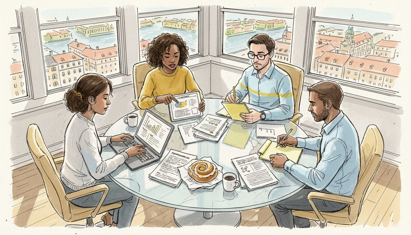 Et team sidder samlet omkring et bord på kontoret og arbejder sammen om en oversættelsesopgave.