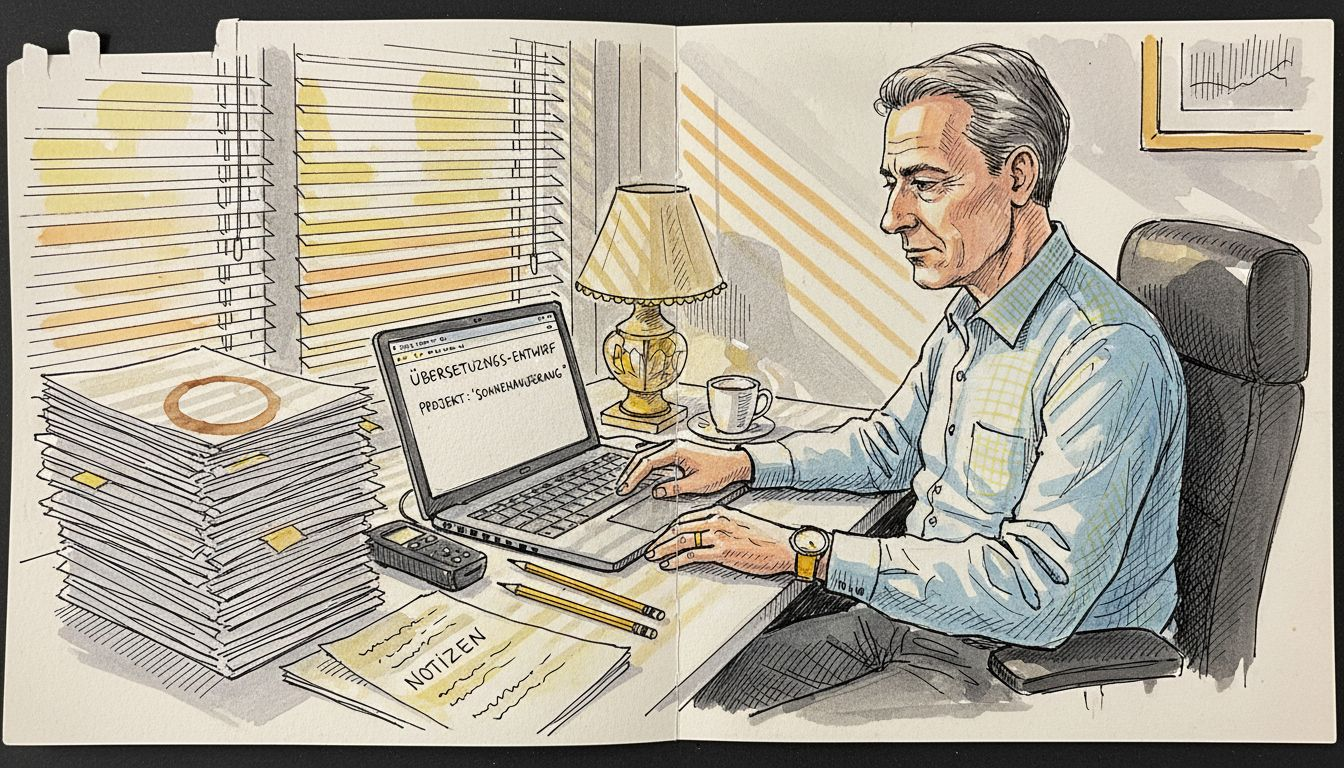 Ein Übersetzer arbeitet konzentriert an seinem Schreibtisch und organisiert dabei den gesamten Dokumentenfluss.