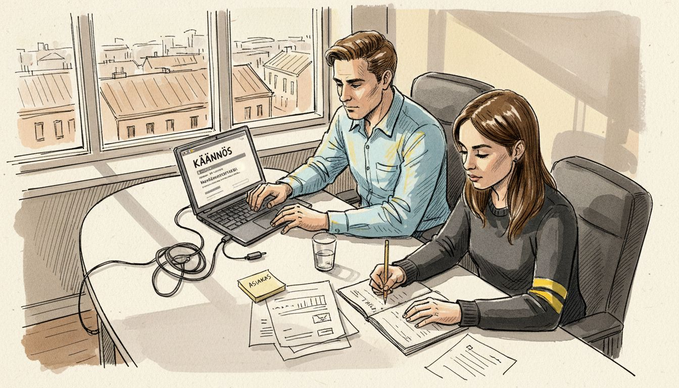 Markkinointitiimi vertailee toimistolla erilaisia käännöstyökaluja löytääkseen parhaan vaihtoehdon käyttöönsä.