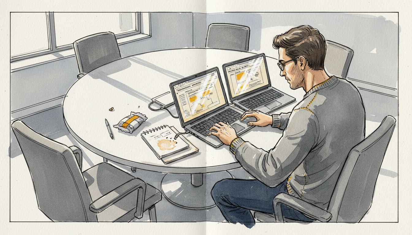 Analyst comparing translation workflows at desk