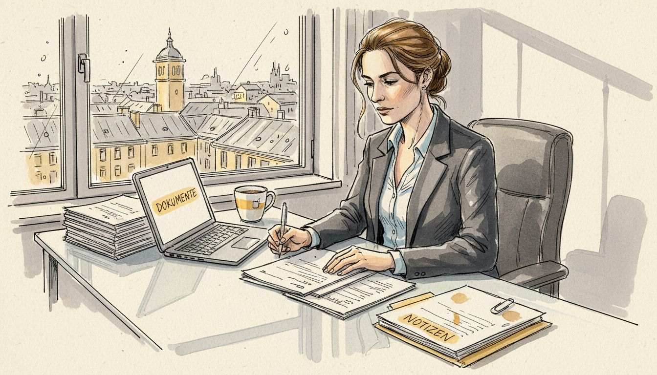 Eine Frau prüft juristische Unterlagen, um sie für die Übersetzung vorzubereiten.