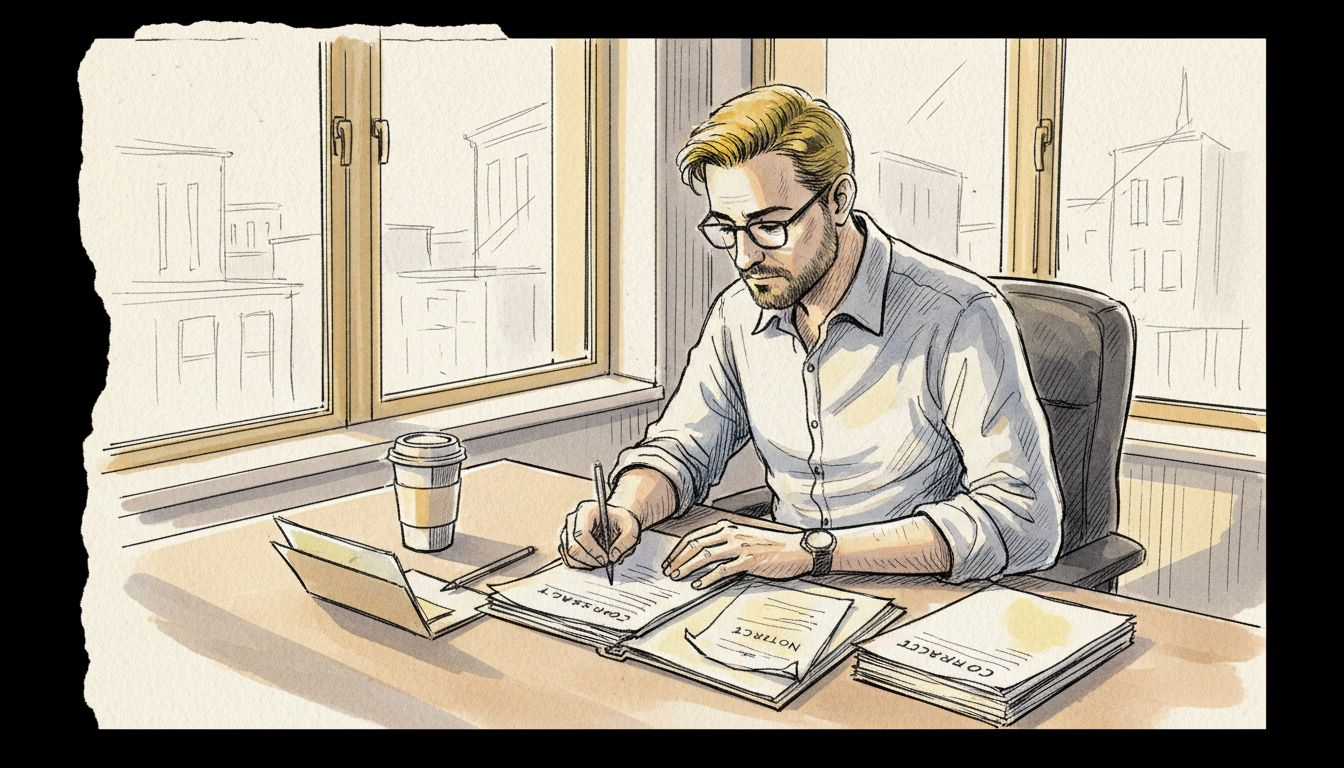 Met volle aandacht buigt de vertaler zich over het opstellen van het contract.