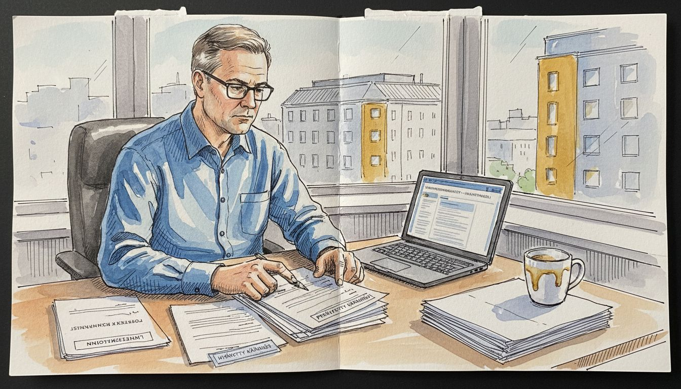 Projektipäällikkö käy läpi käännösdokumentteja työpöytänsä ääressä toimistolla.