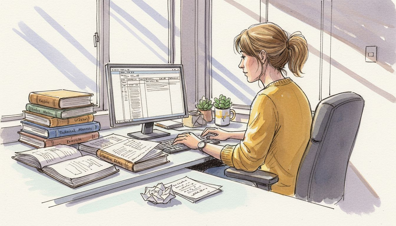 Translator at desk reviewing technical documents