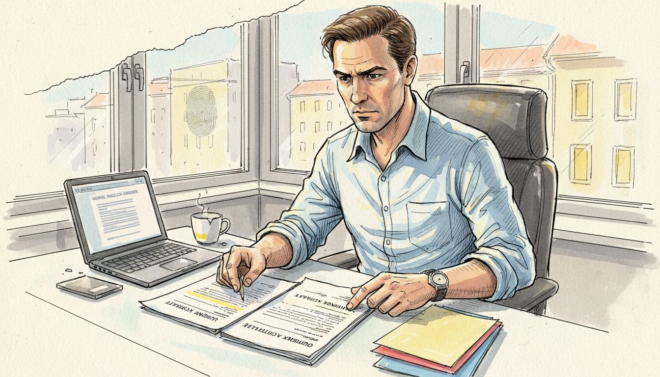 En oversetter sitter på hjørnekontoret og går nøye gjennom dokumenter.