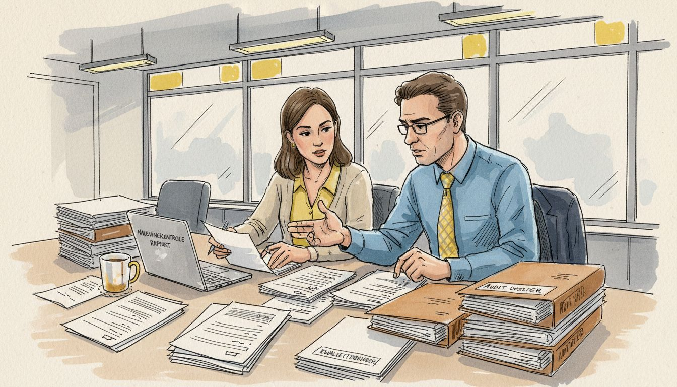 Het team bekijkt de auditdocumenten om te controleren of alles aan de regelgeving voldoet.