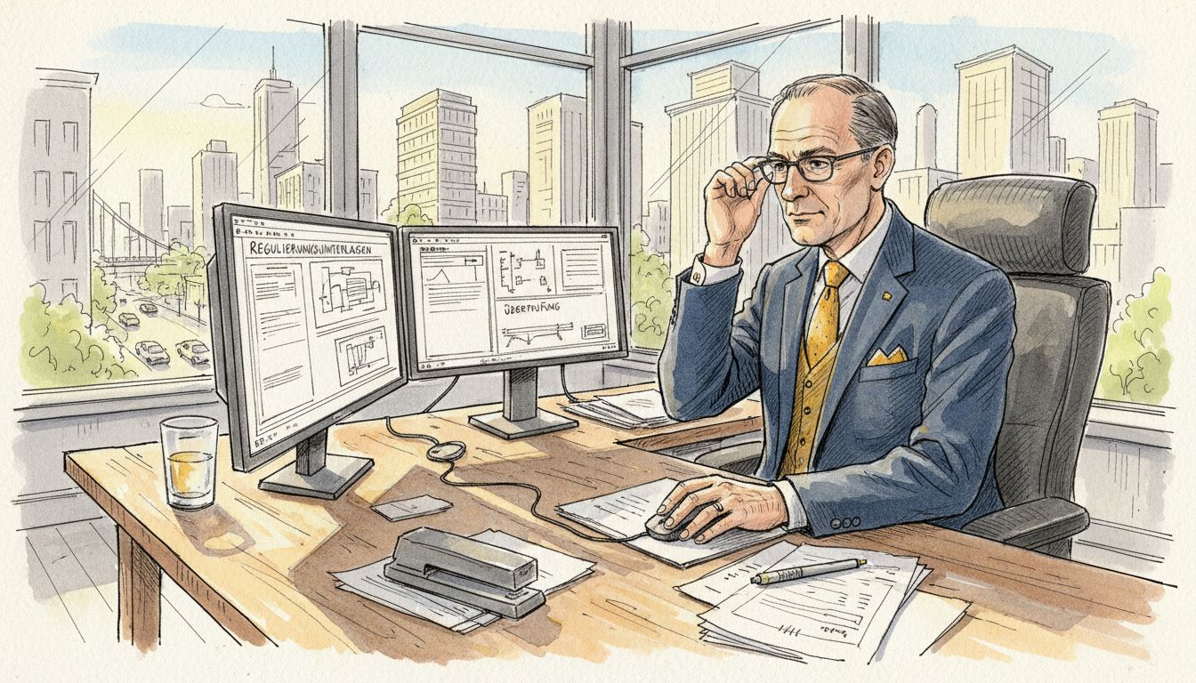 Ein Mitarbeiter prüft im Büro die Einhaltung von Richtlinien anhand der entsprechenden Unterlagen.