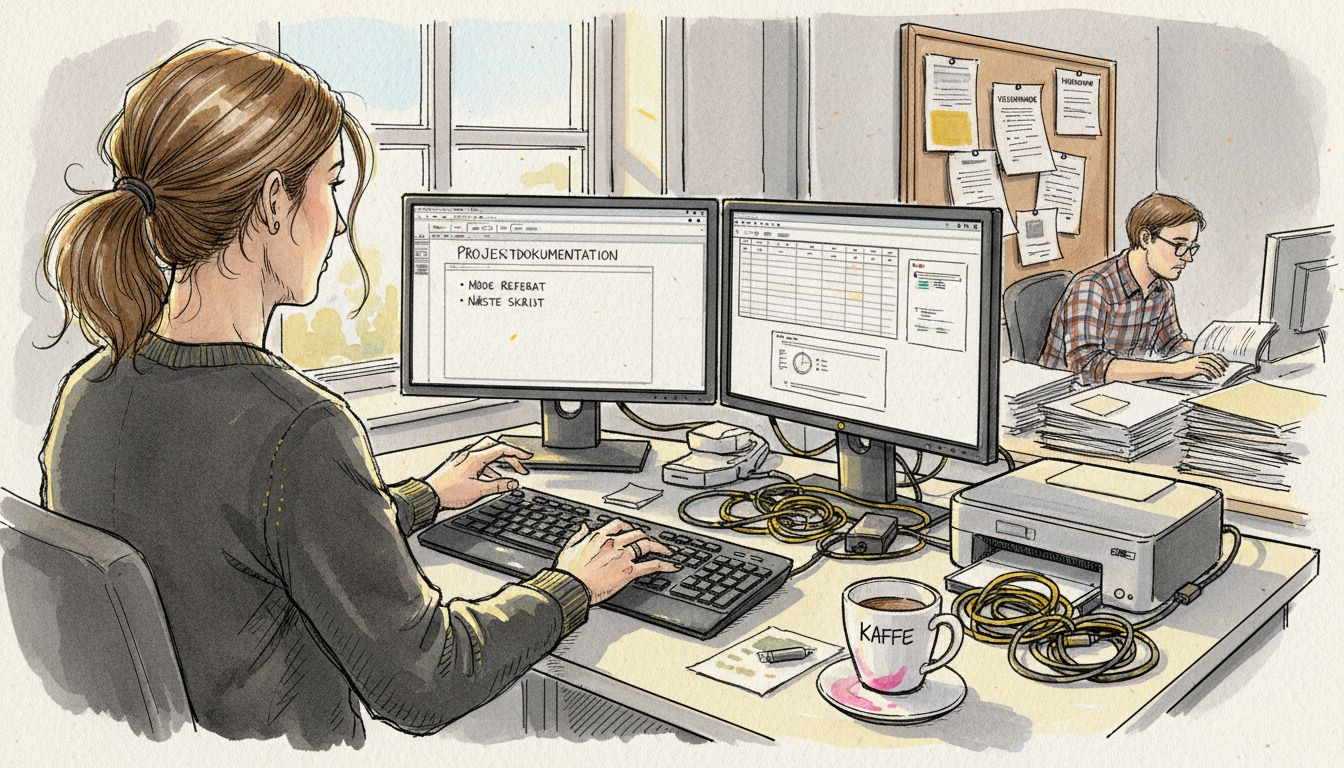 En medarbejder sidder ved skrivebordet og opdaterer digitale dokumenter.