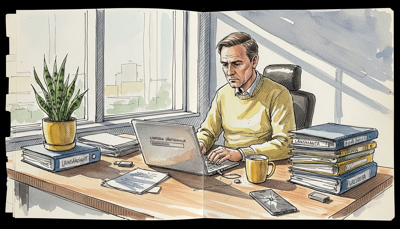 Päällikkö tallentaa tiedostoja EU:n toimiston työtilaan.