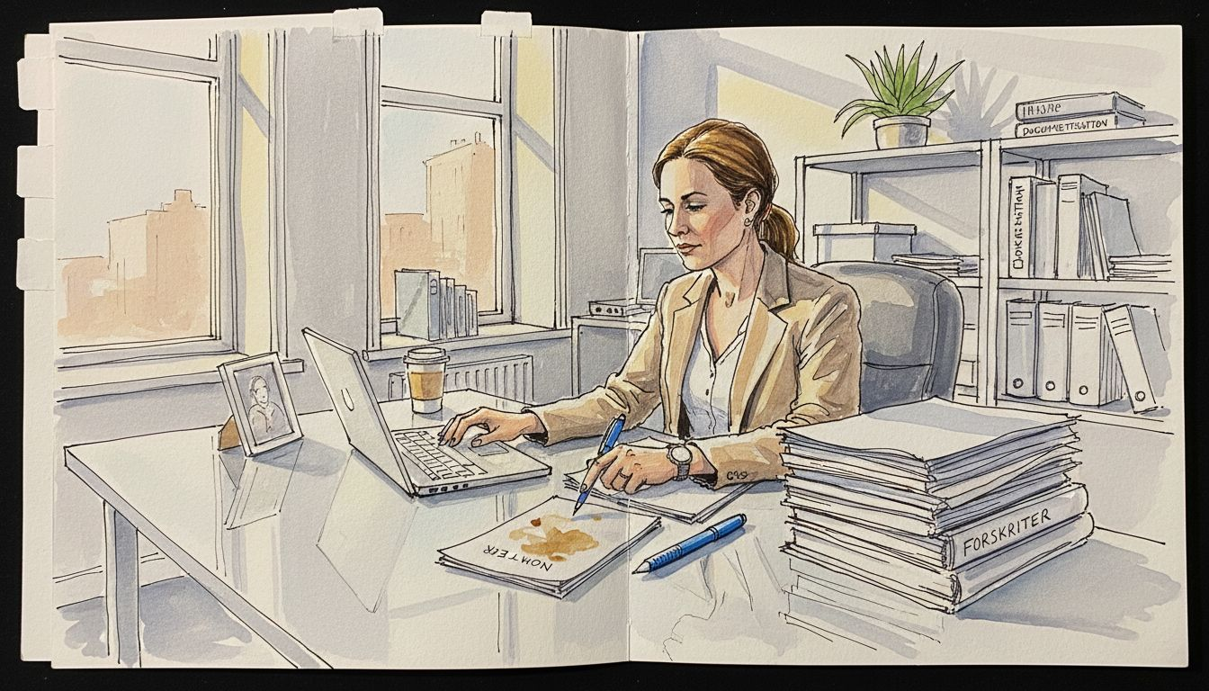 Manager uploading compliance files at glass desk