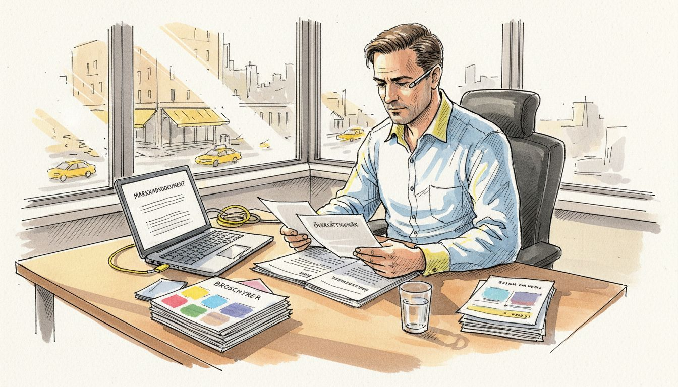 En man sitter på kontoret och jämför olika översättningar av marknadsföringsmaterial på flera språk.