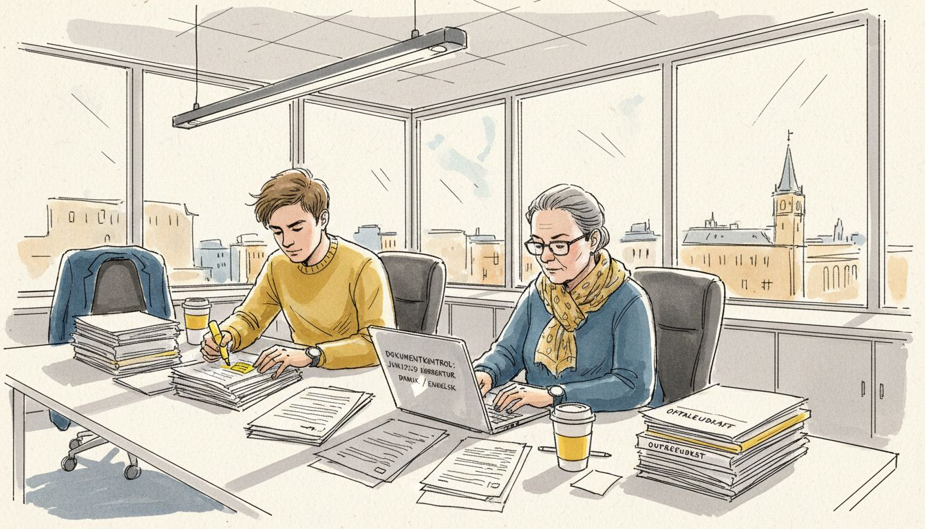 Oversættere gennemgår juridiske dokumenter på kontoret