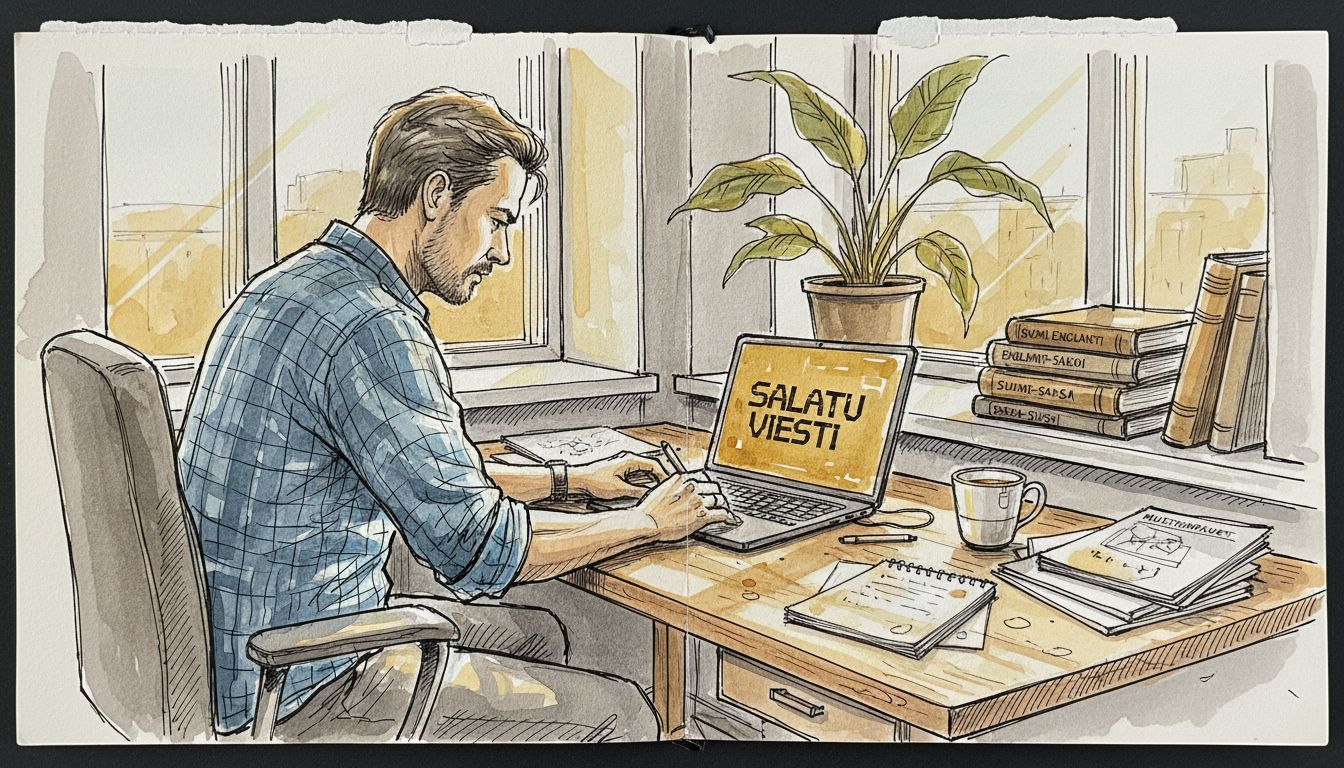 Mies käy läpi salattuja asiakirjoja työpöytänsä ääressä.