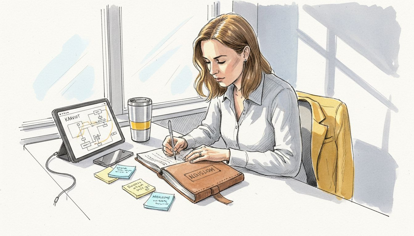 Nainen kirjaa ylös turvallisuusohjeita toimiston lasiseinäisen työpöydän ääressä.