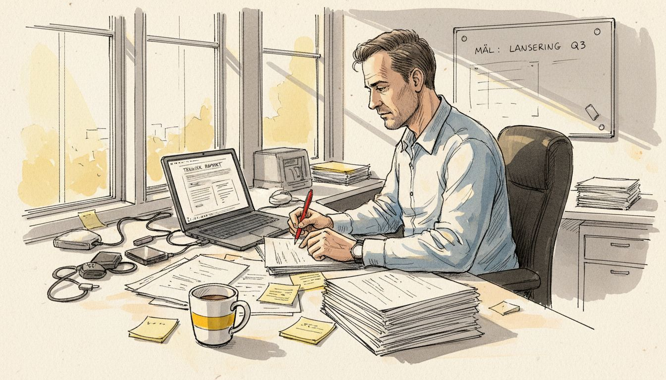 På kontoret går man noggrant igenom tekniska översättningar för att säkerställa att allt stämmer.