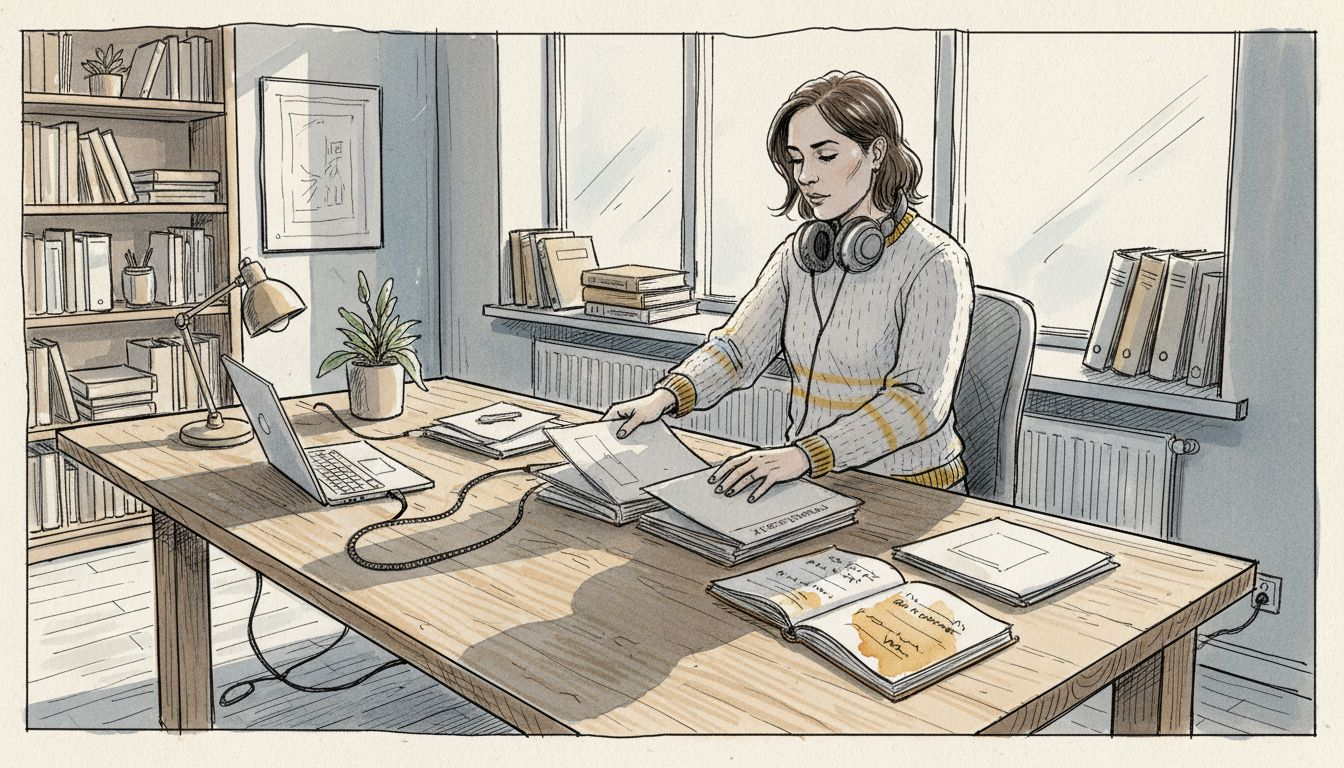 En kvinna sitter vid sitt skrivbord och sorterar material för översättningsarbete.