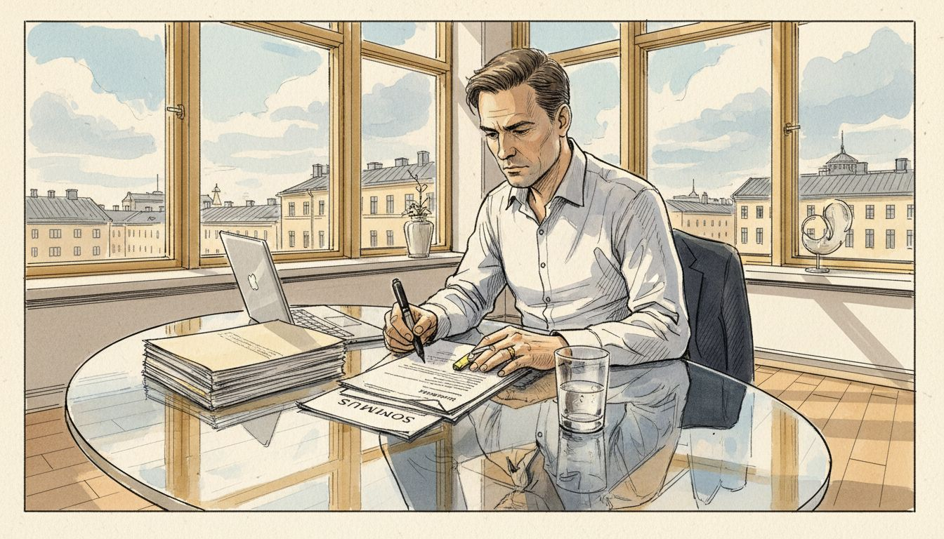 Juridiikan asiantuntija työpöytänsä ääressä kansainvälisiä sopimuksia tarkastelemassa.