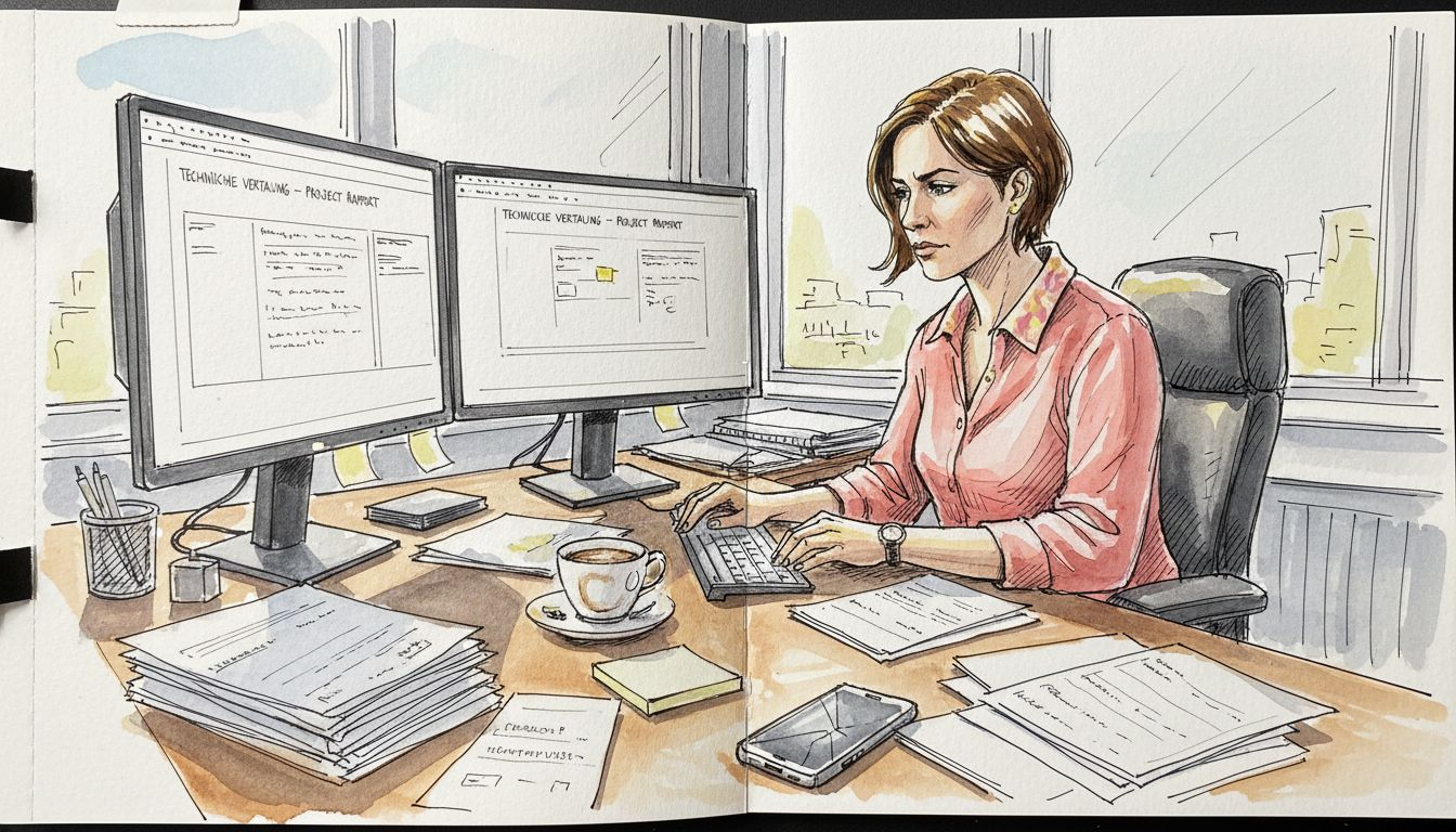 Een manager bekijkt de technische werkruimte waar GDPR-vertalingen worden uitgevoerd.