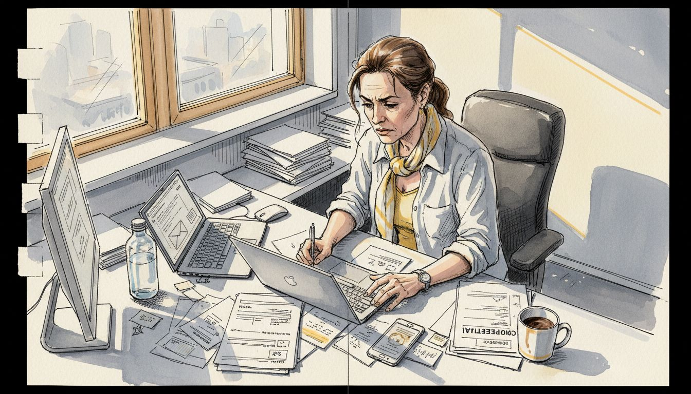 Manager reviewing translation workflow in office