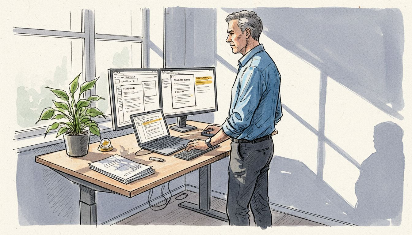 En projektleder arbejder ved sin computer på kontoret.